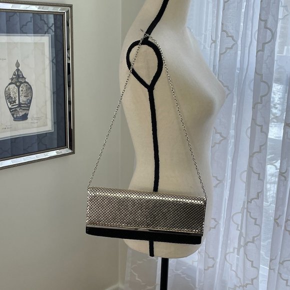 NWOT! Jessica McClintock Silver & Black Metal Mesh Evening Bag with Chain - Picture 12 of 12